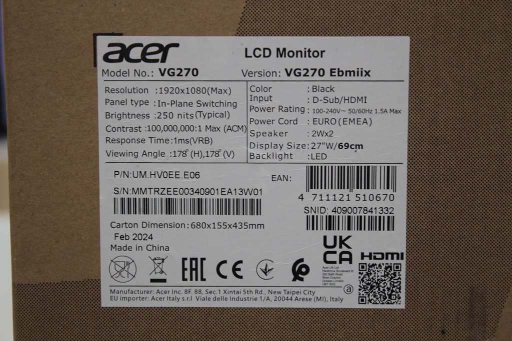 Новый монитор Acer Nitro VG270 Ebmiix.